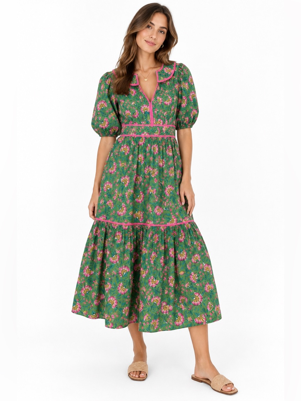 Boden Rhea Embroidered Floral Midi Dress Green Pink US 4P Petite
